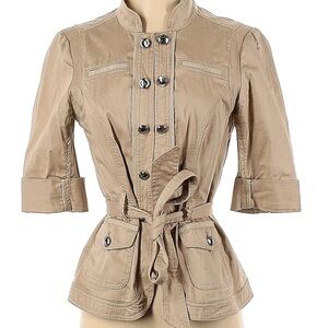 White House Black Market Womens Jacket Size 0 Beige Button Belted Hook & Loop